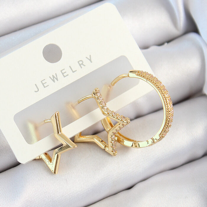 Pirinç Zirkon Taşlı Yıldız Ve Halka Model Gold Renk 3'lü Çift Kadın Küpe Set