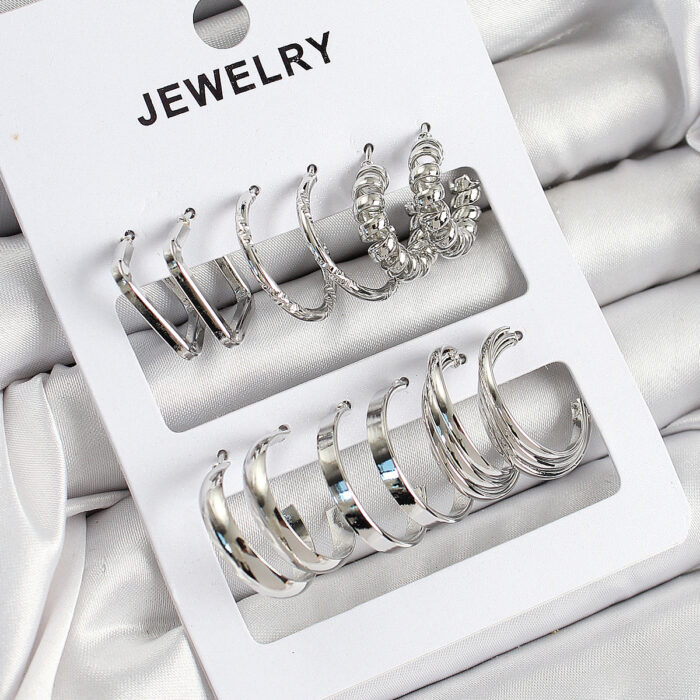 Pirinç Karışık Halka Model Gümüş Renk 6 Çift Kadın Küpe Set