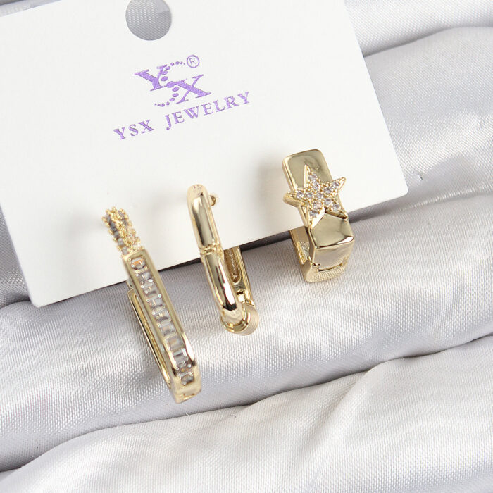 Pirinç Zİrkon Taşlı Yıldız Model Gold Renk 3'lü Kadın Küpe