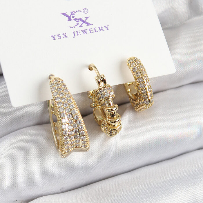 Pirinç Zİrkon Taşlı Halka Model Gold Renk 3'lü Kadın Küpe