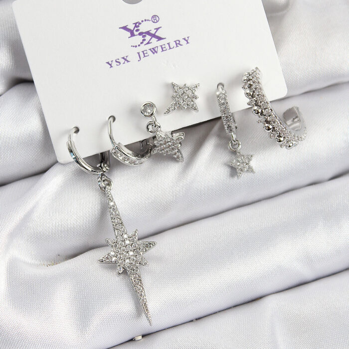 Pirinç Zİrkon Taşlı Kutup Yıldızı Model Gümüş Renk 3'lü Çift Kadın Küpe