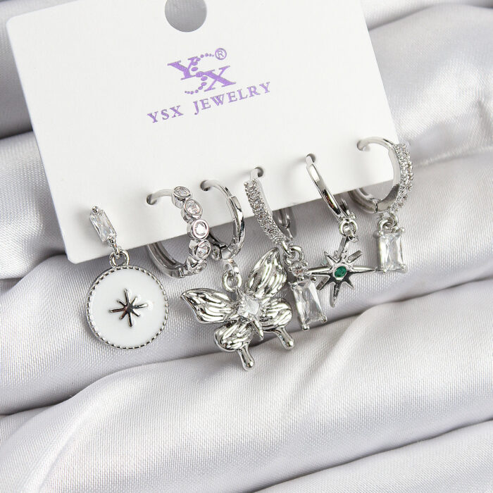 Pirinç Zİrkon Taşlı Kelebek ve Yıldız Model Gümüş Renk 3'lü Çift Kadın Küpe