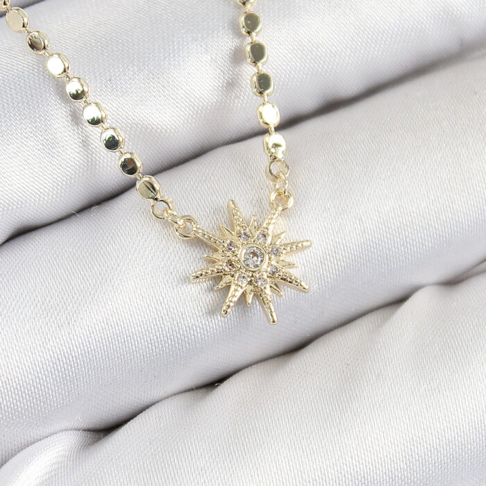 Pirinç Zirkon Taşlı Kutup Yıldızı Model Ezme Zincir Gold Renk Kadın Kolye