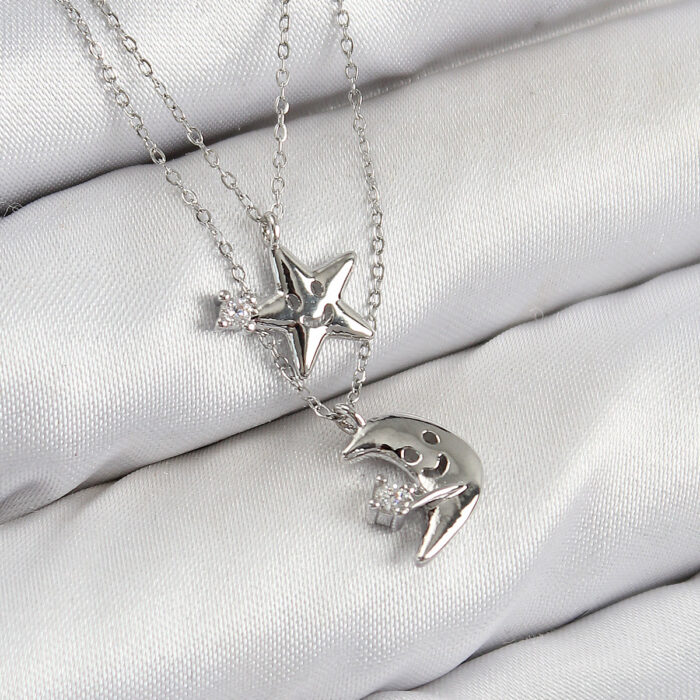 Pirinç Zirkon Taşlı Yıldız Ve Ay Model Gümüş Renk Kadın Kolye