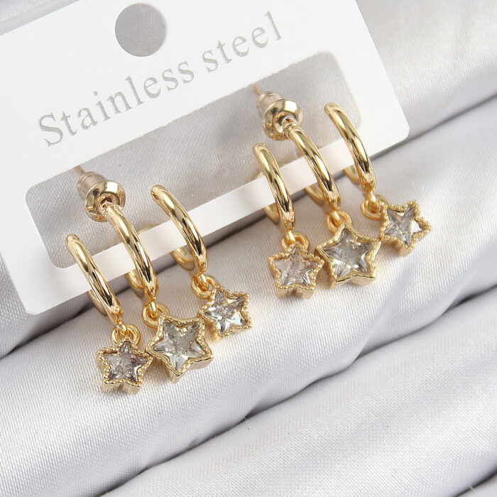 Pirinç Zirkon Taşlı Sallantılı Yıldız Model Gold Renk Kadın Küpe