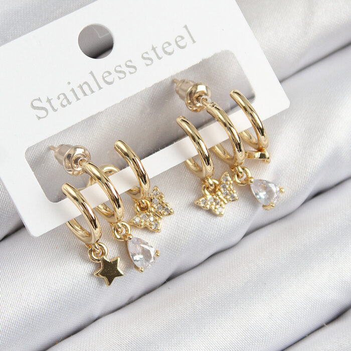 Pirinç Zirkon Taşlı Yıldız Ve Kelebek Model Gold Renk Kadın Küpe