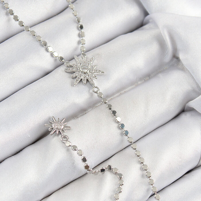 Pirinç Zirkon Taşlı Ezme Zincirli Kutup Yıldızı Model Gümüş Renk Y Kolye