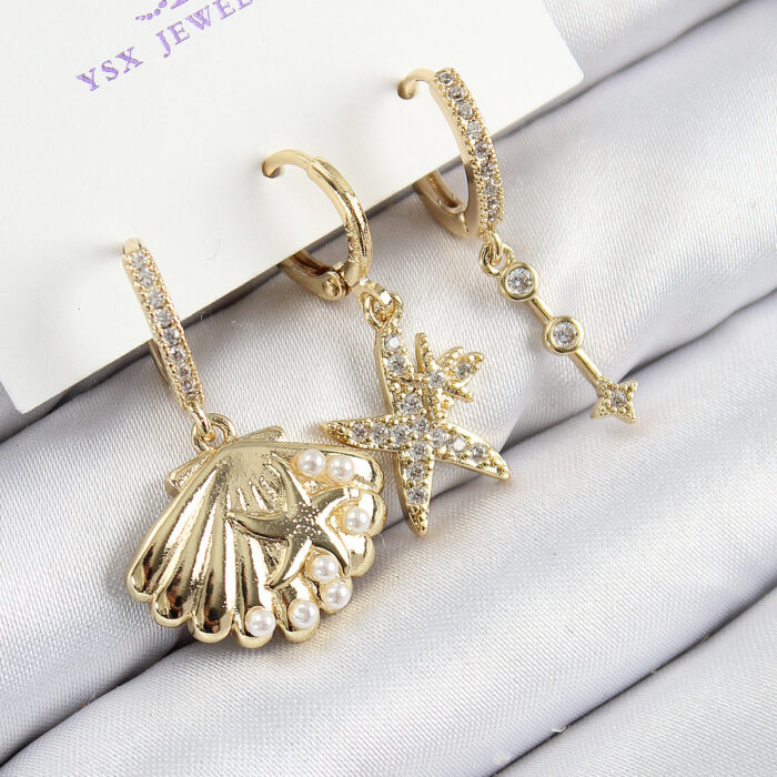 Pirinç Zirkon Taşlı 3'lü İstiridye Ve Yıldız Model Gold Renk Kadın Küpe