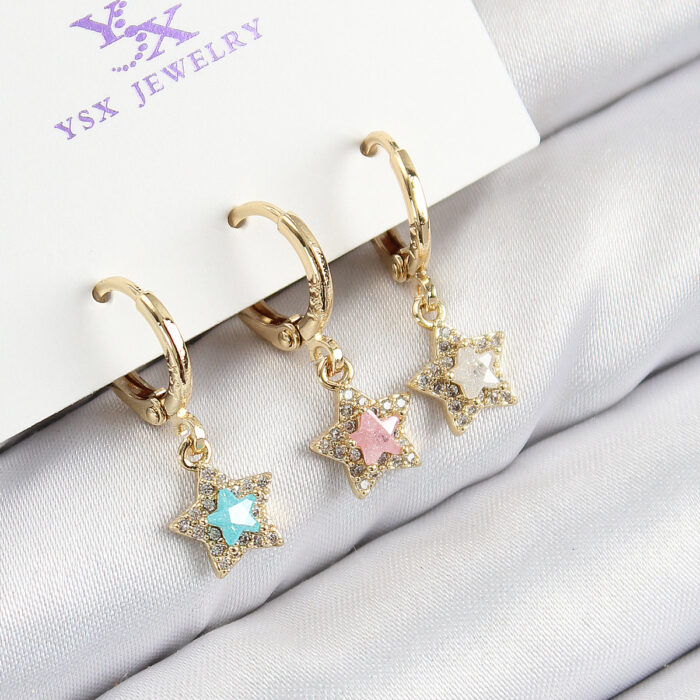 Pirinç Zirkon Taşlı 3'lü Renkli Yıldız Model Gold Renk Kadın Küpe