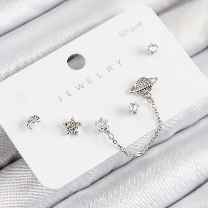 Pirinç Zirkon Taşlı Yıldız Ve Gezegen Model Gümüş Renk 925 Ayar Gümüş Çivi Kadın Küpe Set