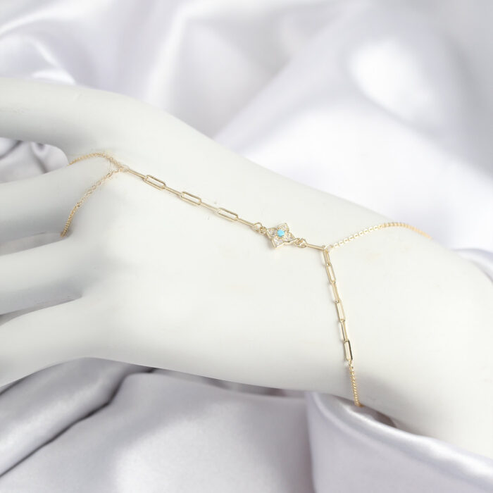 Pirinç Zirkon Taşlı Mavi Boncuklu Yonca Model Gold Renk Şahmeran