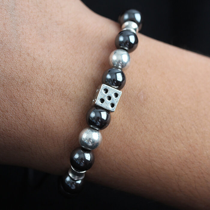 Doğal Taş Zar Model Gümüş Ve Füme Renk Asansörlü Erkek Bileklik