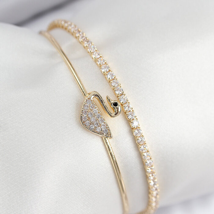 Pirinç Zirkon Taşlı Kuğu Model Gold Renk Kadın Bileklik