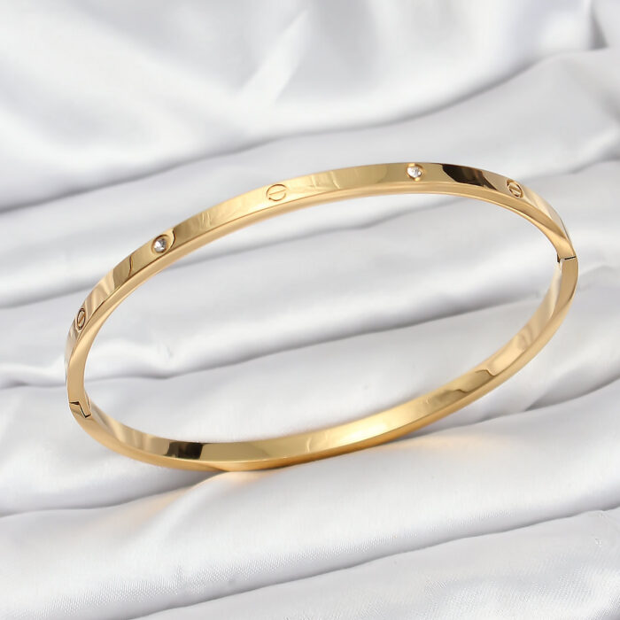 316L Çelik Gold Renk Zirkon Taşlı 65 mm İnce Kadın Kelepçe Bileklik