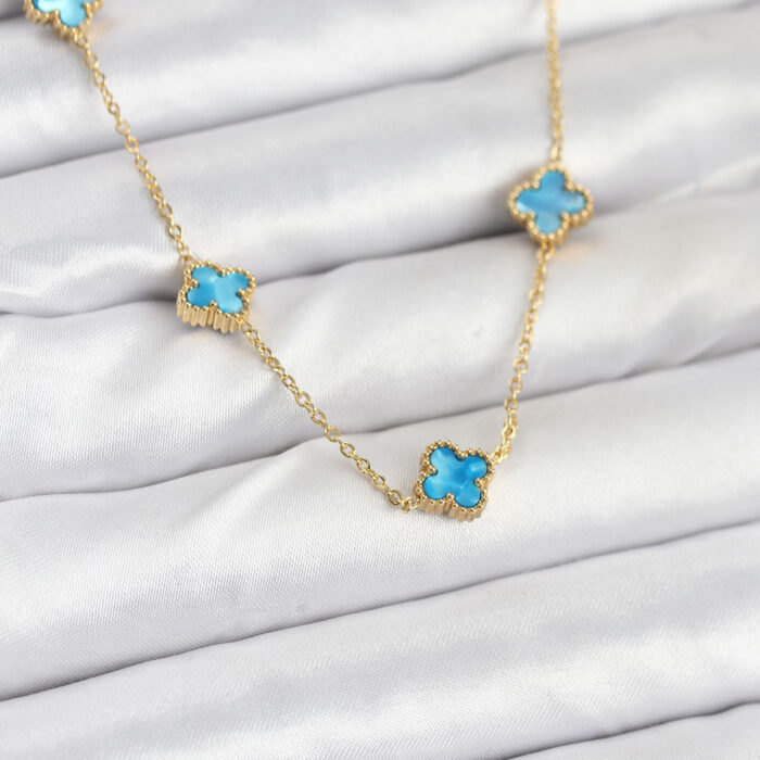 316L Çelik Zincir Gold Renk Buz Mavisi Baby Boy Yonca Kadın Kolye