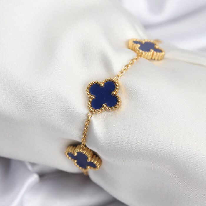 316L Çelik Zincir Gold Renk Lacivert Yonca Kadın Bileklik