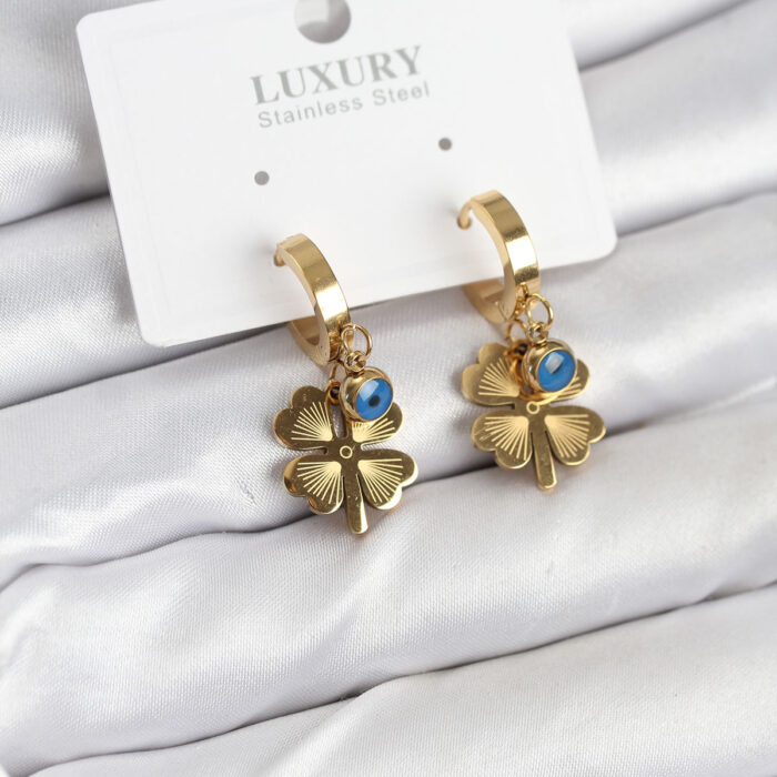 316L Çelik Nazarlı Yonca Model Kadın Küpe