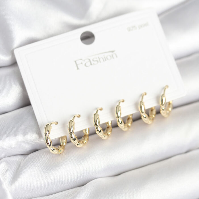 Pirinç Gold Renk Baklalı Halka 925 Gümüş Çivi Kadın Küpe Seti