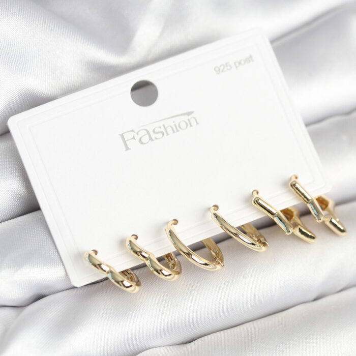 Pirinç Gold Renk Kalp Yıldız ve Halka Model 925 Ayar Gümüş Çivili Kadın Küpe Seti