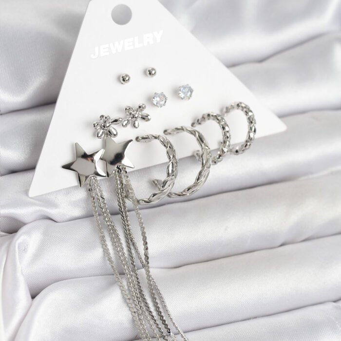 Gümüş Renk Pirinç 6 Çift Kadın Küpe Seti