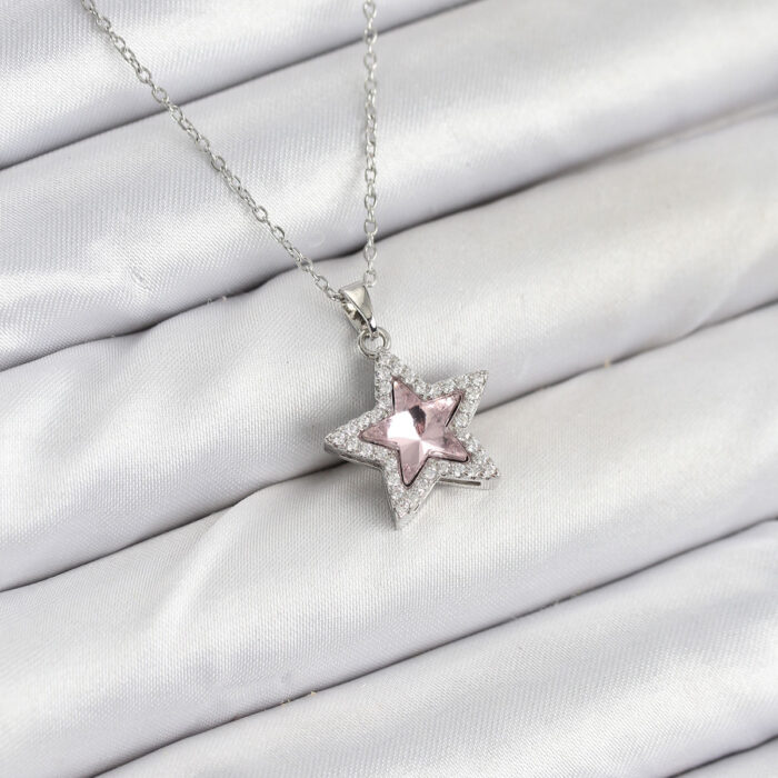 316L Çelik Zincir Gümüş Renk Pembe Taşlı Yıldız Model Kadın Kolye