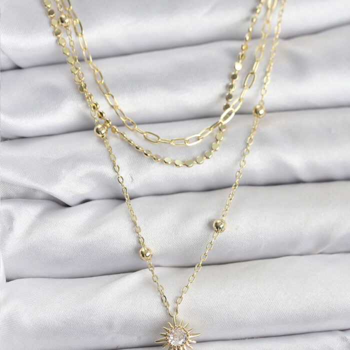 Pirinç Gold Renk Güneş Model Detaylı 3'lü Kombin Y Kadın Kolye