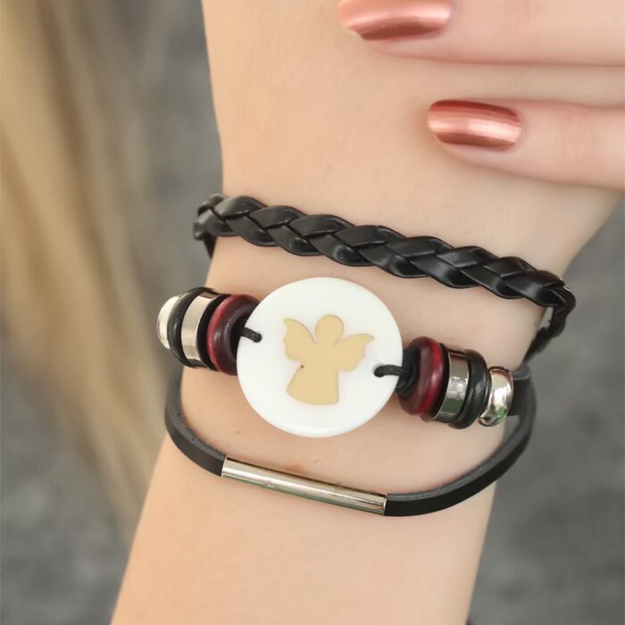 Siyah Renk Melekli Tasarım Çoklu Deri Bayan Bileklik