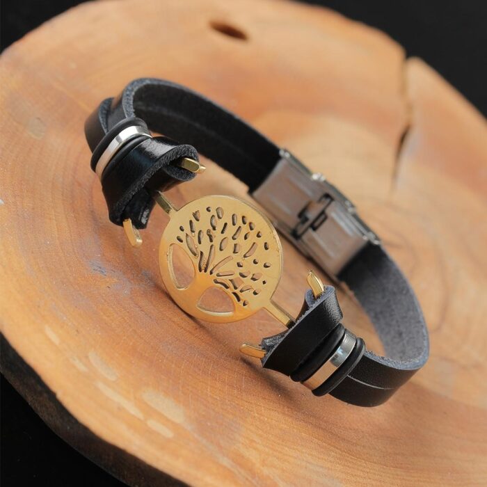 Gold Renk Metal Ağaçlı Tasarım Siyah Renk Deri Erkek Bileklik