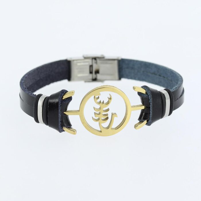 Gold Renk Çelik Akrep Figürlü Metal Aksesuarlı Siyah Renk Deri Erkek Bileklik