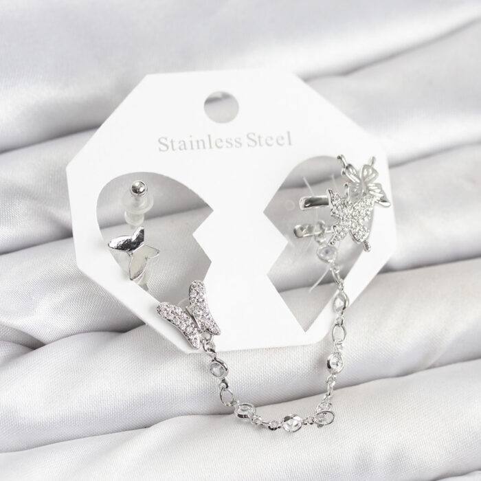 Pirinç Gümüş Renk Kelebek Model Zincir Bağlantılı Ear Cuff Küpe Seti