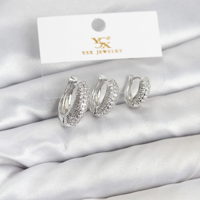 Pirinç Gümüş Renk Zirkon Taşlı Halka Model YSX Trio Küpe Seti