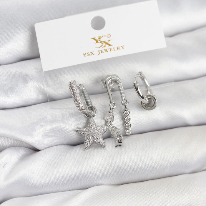 Pirinç Gümüş Renk Zirkon Taşlı Yıldız Vintage Model YSX Trio Küpe Seti