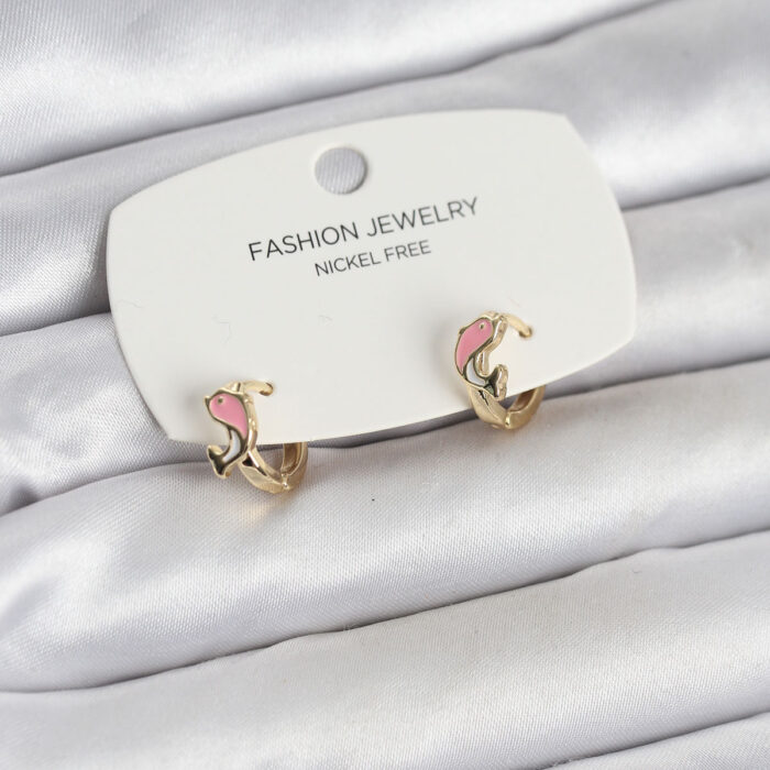Pembe Yunus Balığı Model Gold Renk Pirinç Çocuk Küpe