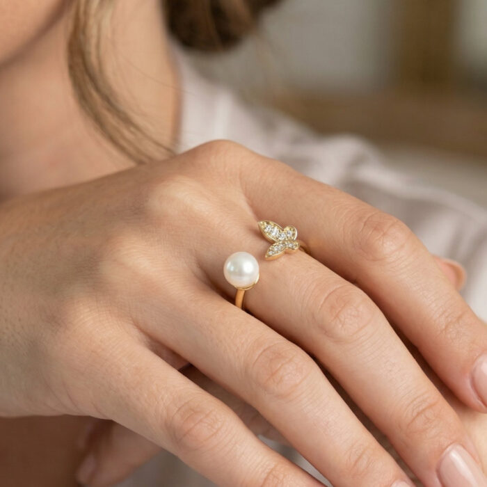 Kelebek İncili Model Gold Renk Zirkon Taşlı Kadın Yüzük